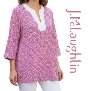 J. McLaughlin Catalina Cloth Top Tunic 3/4 Sleeves Split Neck Magenta Geo Sz M